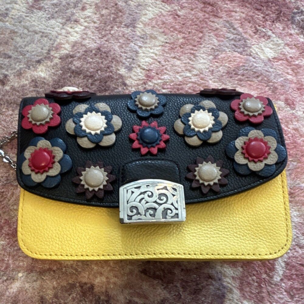 Brighton Yellow Black Floral Studded Crossbody Bag with Chain Strap